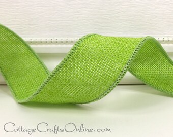 Wired Ribbon, 1 1/2", Green Faux Burlap Linen Look - THREE YARDS - Offray "Solitude" Grass Green Christmas, Easter, Spring Wire EdgedRibbon