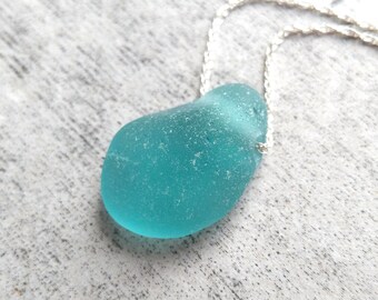 Ocean Blue Teardrop// Chunky Pendant// Sea Glass Necklace// Genuine Sea Glass// Beach Necklace// Surfer Necklace// Blue Sea Glass// Rare