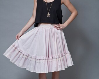 vintage 70s square dance full circle skirt pale pink ruffles cotton S SMALL