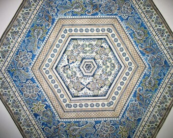 Floral Table Topper, Hexagon, blues, quilted, handmade, quilted table topper