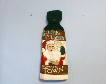 Uncut Crochet Button Top Hanging Kitchen Towel Double Layered Holiday Santa Claus is Coming To Town