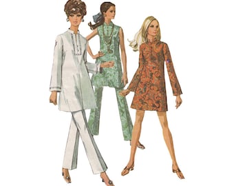 1960s Guru Mini Dress or Tunic with Flared Pants Simplicity 7994 Rajah Stand-Up Collar Slit Neck Bell Sleeves Size 10 Bust 32.5