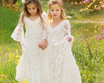 First Communion Dress, Flower Girl Off White Lace Dress, Boho-chic Girls Dress, Lace dress for girls, Boho flower girl dress, Boho Wedding