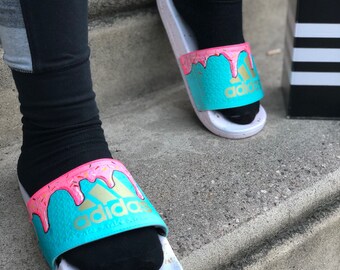 Custom Adidas Candy Paint Drip Flip- Flops with Gold Speckles and Rainbow Sprinkles