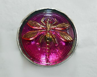Size 6 1/2 Purple Dragonfly Czech Glass Button Sterling Silver Ring Brushed Silver
