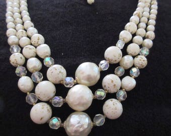 Vintage Triple Strand Graduated Faux Pearl and Crystal Beaded Necklace in Gold Tone