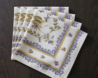 Set of Cotton Napkins Provence Moustiers Birds in Blue - Set of 2 - 4 - 6 or 8 Napkins -