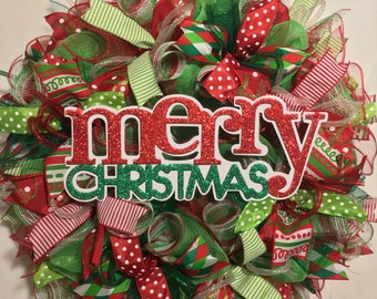 Christmas wreath, Christmas wreath, merry Christmas wreath, mesh Christmas wreath, Christmas door wreath, Christmas decor, wreath, wreaths