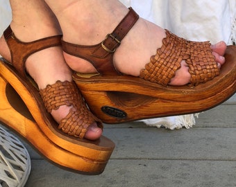 Rare 70s Frank Sbicca STUFF brown leather platform wedges with wood heel and woven leather