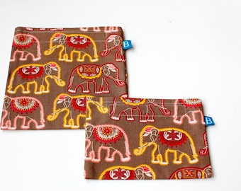 Reuseable Eco-Friendly Set of Snack and Sandwich Bags in Elephants Fabric