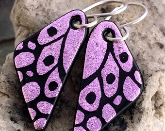Pink Small Butterfly Wing Earrings - Hand Etched Dichroic Glass