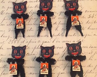 Six (6) Vintage Style Halloween Black Cat Chenille Ornaments - Primitive - Retro