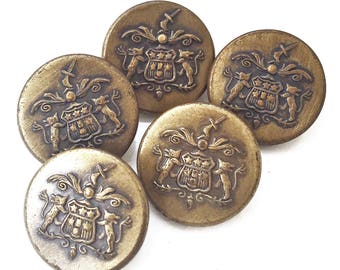 eco friendly antiqued gold tone metal regal nobility picture shank buttons with raised shield and sword design--matching lot of 5