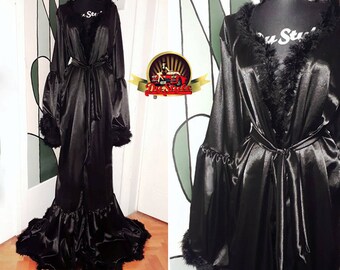 Black Silky Satin Dressing Gown, Vintage Style Marabou Feather Dressing Gown, Black Feathers Plus Size Custom Dressing Gown