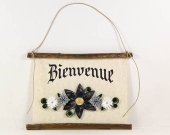 Bienvenue, French Welcome, Paper Quilled Welcome Sign, 3D Quilled Banner, Blue Grey White Decor, French Gift, Rustic Art, French Sign