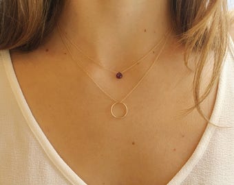 Layered Necklace, Mulitstrand Necklace, Birthstone Necklace, Double Strand Necklace, Dainty Necklace, Gold Circle, Two Strand Necklace