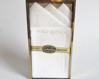 Men's Handkerchief, Vintage Handkerchief, Mens Monogrammed "R" Boxed Handkerchief, One White Cotton Handkerchief for Man with Initial R