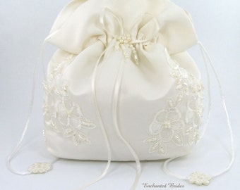 Satin Bridal Wedding SMALL Money Bag (#E1D4DB) with Pearl-Embellished Floral Lace for Dollar Dance, Bridal Purse & Other Special Occasions