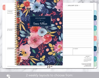 2018 planner weekly planner | 12 month calendar | add monthly tabs student planner | personalized agenda | navy blue pink watercolor floral