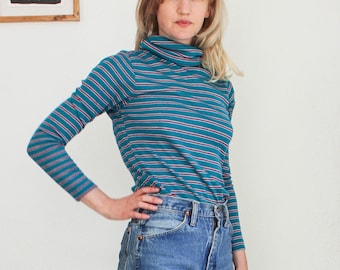 70s super soft knit turtleneck striped acrylic blue turquoise sweater fitted high neck
