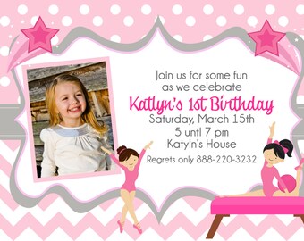GYMNASTIC Invitation, Gymnastics Birthday Invite, Girls invitations, Gymnastic Party, Tumble Invite, Tumble Party, Dance Party, Pink Chevron