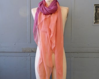 Natural dyed silk and wool scarf shawl in peach and magenta with sandalwood and lac dyes