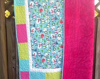 Christmas Snowman and Penguin Throw Quilt, Christmas Lap Blanket, Christmas Lap Quilt in PInk and Aqua
