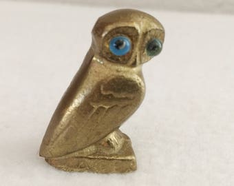 Vintage Miniature 3/4" by 1 1/4" Brass Owl with Blue Eyes