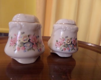 Lovely Cream Ceramic Textured 1950's Salt and Pepper Shakers with Hand Painted Floral Design in Pink and Yellow