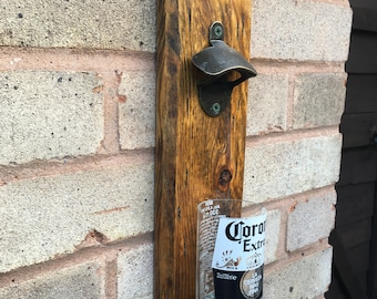 Wall mounted bottle opener, reclaimed wood, beer bottle catcher. Ideal gift - Moving In Present/ Bestman/ Garden/ BBQ/ Man Cave/ Bar Area