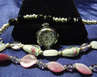 Woman's Quartz Watch with 3 Beaded Bands (Pink & Black ) B135