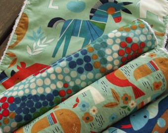 NEW set of 4 Handmade Baby Boy Chenille Burp Cloths Alexander Henry Monkey's Bizness Toucan Zoo Snake Dot Navy Orange Aqua Red Shower Gift