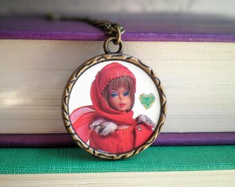 Vintage Barbie Necklace - Classic Barbie + Hand Painted Metallic Heart Pendant Jewelry Gift - Iconic 1950s Barbie Cameo Upcycled Paper Charm