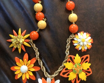 Fun Yellow and Orange Enamel Flower Necklace