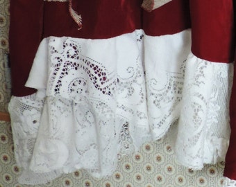 Red Shabby Velvet Gypsy Skirt Bohemian Victorian Edwardian Antique Lace
