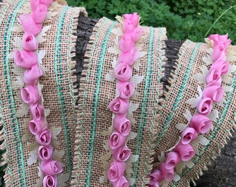 Burlap 3D Roses Ribbon Handmade