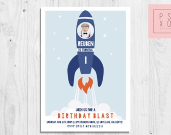 Rocket Ship Space Theme | 1st Birthday Invite | Custom Invite | Baby Boy | Birthday Party Invitation | Orange And Blue
