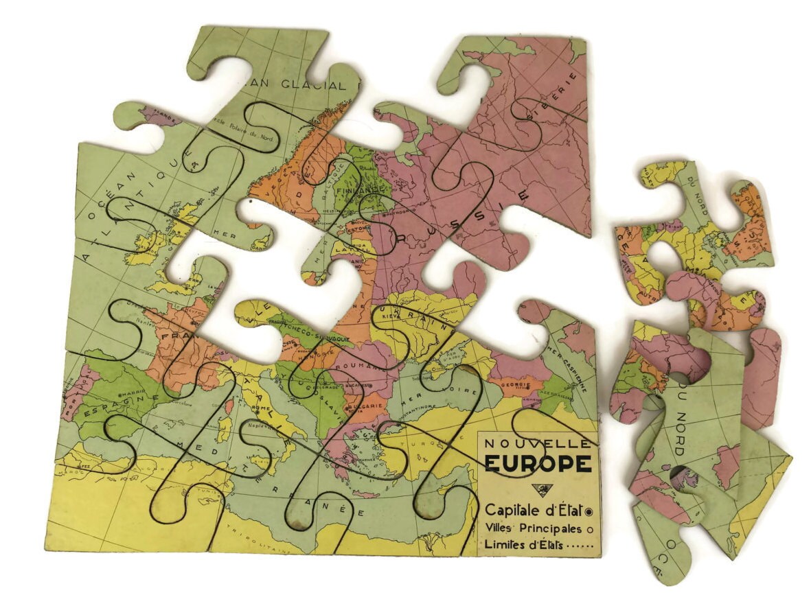 French Vintage World Map Jigsaw Puzzle. Map of Europe Wooden Puzzle.