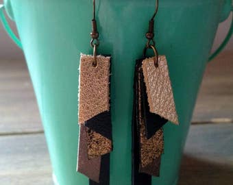 Gold and Black Layered Leather Drop Earrings - Metallic Gold Dangle Earrings - Textured Leather Earrings
