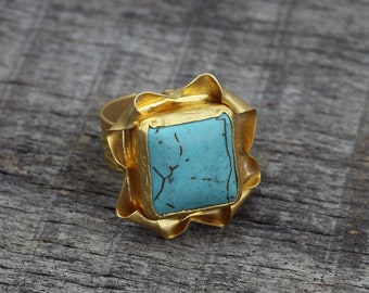 Turquoise Ring, Gold Plated, Stone Ring, Bohemian Jewelry -Tribal jewelry ,Adjustable Size