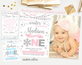Winter onederland invitation girl, winter onederland first birthday party, pink and silver glitter, snowflakes first birthday invitation