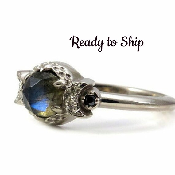 Ready to Ship Size 6 - 8 Stormy Labradorite and Black Diamond Moon Goddess Engagement Ring - 14k Palladium White Gold