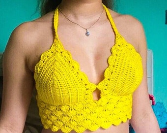 Vintage, bright yellow crochet top