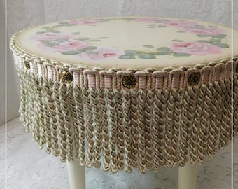Decorative Foot Stool, Hand Painted Design of Cottage Roses, Trims, Brass Studs, Removable Legs, Home Decor, Cottage Accent. ECS