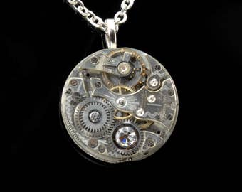 APRIL Steampunk Necklace Steam Punk Jewelry Antique Pocket Watch Necklace Silver Necklace Industrial Steampunk Jewelry Victorian Curiosities