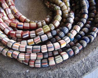 striped glass seed beads, 4 tones multicolored , matte ethnic tube barrel, New Indo-pacific 3 to 6mm (21 inches strd) 7AB21-2