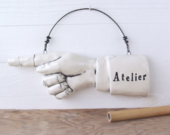 Atelier Pointing Finger. Fired Ceramic. Recycled Clay. Art Studio Sign. Ready To Ship. Acme Art Company.
