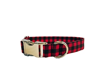 Metal Buckle Red Buffalo Check Dog Collar black gingham plaid winter Christmas holiday puppy chrome Hardware cotton Fabric Adjustable