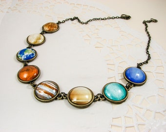 Planet Necklace, Solar System necklace, Space necklace, Universe necklace, Space jewelry, Silver or brass, Glass necklace, Galaxy necklace