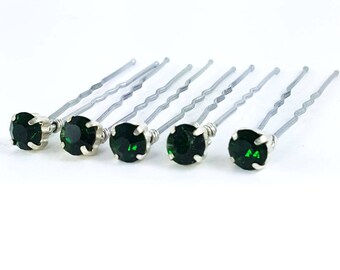 Emerald Green Rhinestone Hair Pins - Emerald Crystal Hair Pins, Emerald Jeweled Hair Pins, Emerald Green Wedding Hair Pins - 7mm/5 qty